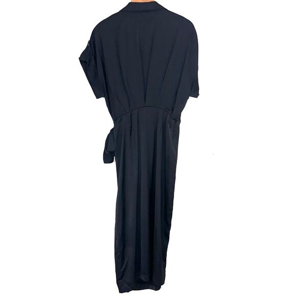 NWT Entro Black Satin Short Sleeve Collared Wrap Midi Dress Size Large - Picture 10 of 13